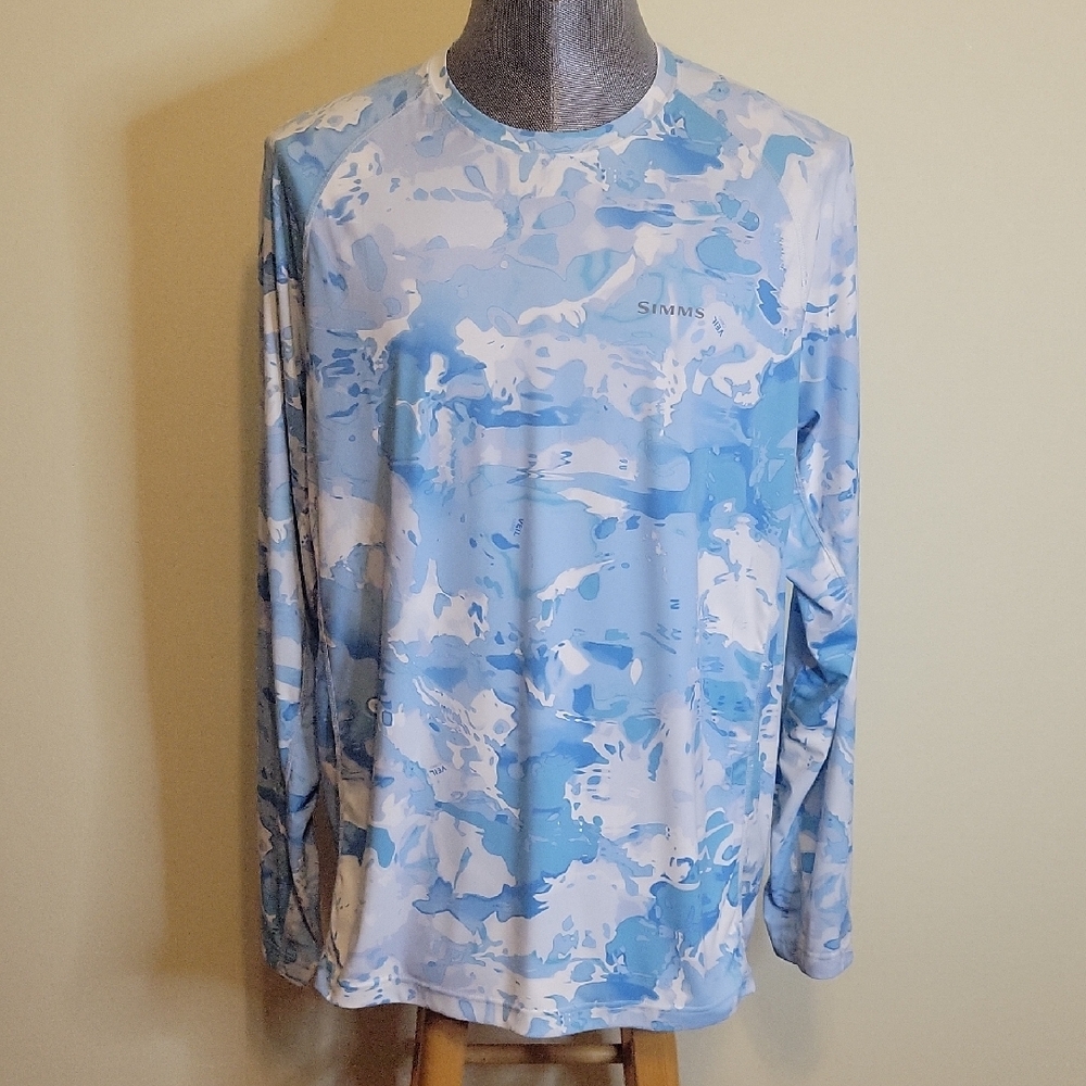 Simms Blue and White Long Sleeve Tee with Abstract Pattern